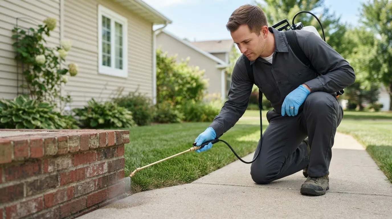 Pest control technician treating a home near Bethany, CT